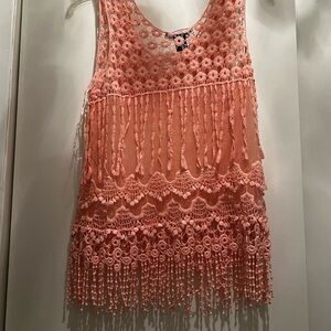 Say What? Size Large Peach Coral Lace Crochet embroidered fringe fairy Tank Top